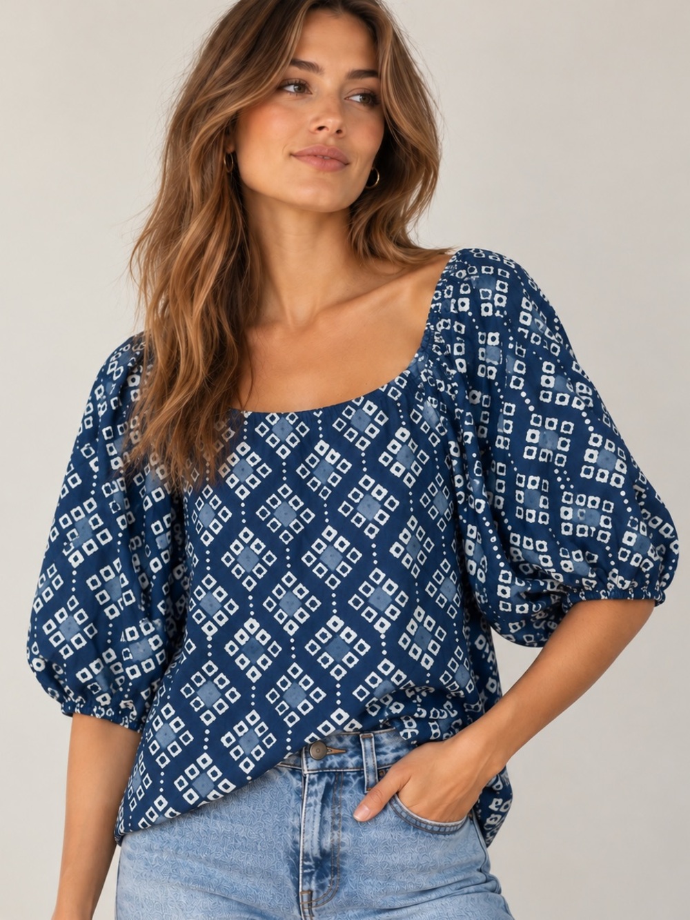 NWOT Velvet by Graham & Spencer Silk Cotton Blue Geometric Boho Puff Blouse, XL